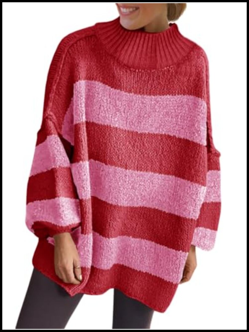 Women's Oversized Striped Chunky Sweater Mock Neck Knit Pullover